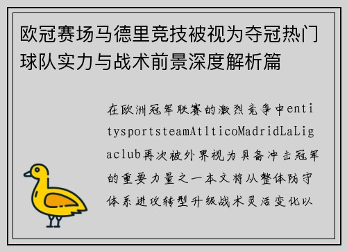 欧冠赛场马德里竞技被视为夺冠热门球队实力与战术前景深度解析篇